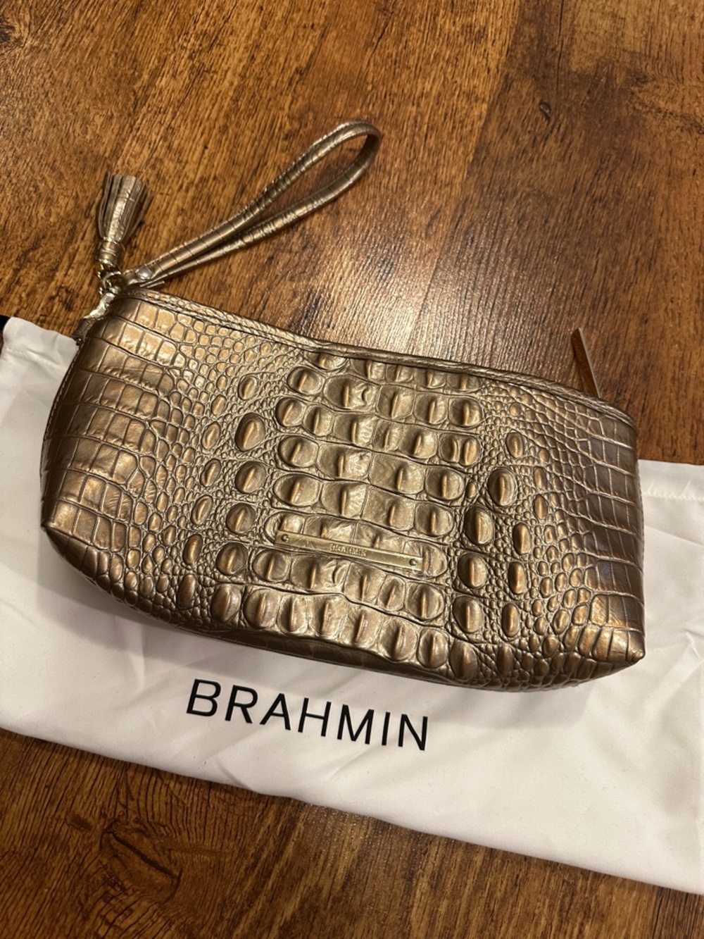 NWOT Brahmin Bronze Croc-Embossed Wristlet with Tassel Strap